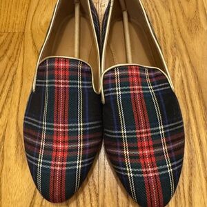 J. Crew Plaid Flats - Black, Red, Blue, Green with Gold Piping, Sz 8